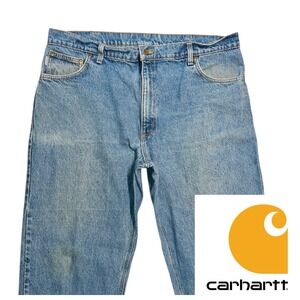 Vintage Carhartt B17DST Jeans Mens 42x30 Natural Fades Leather Tag‎ Workwear
